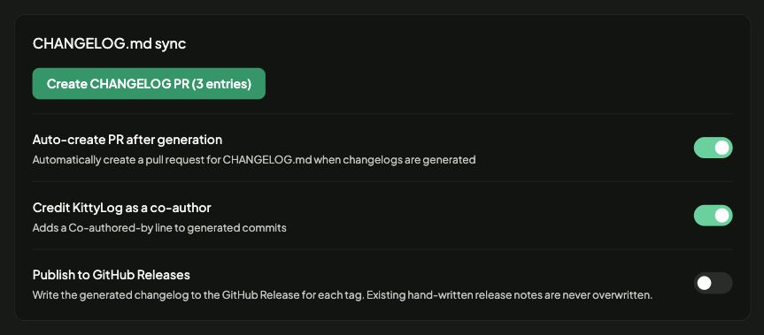 CHANGELOG.md sync controls with Create CHANGELOG PR and Auto-create PR after generation enabled
