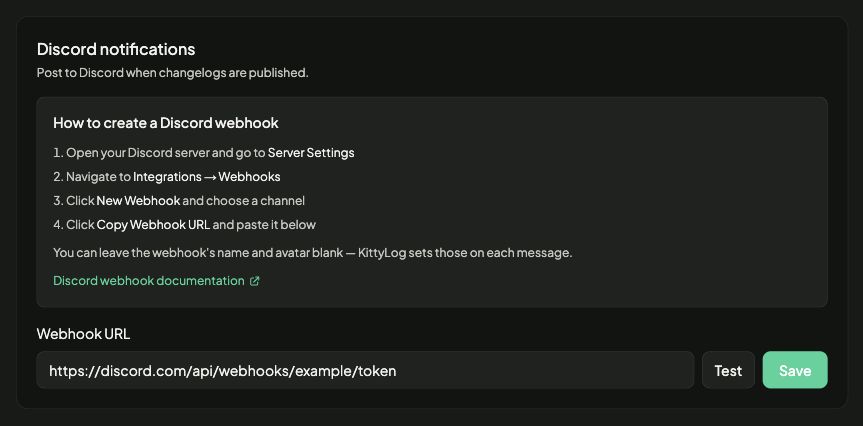 Discord webhook setup with a URL field and Test and Save buttons