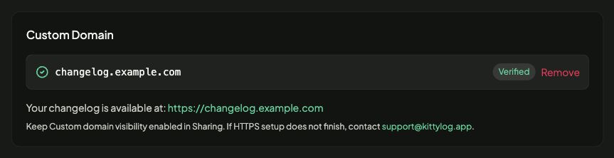 Custom domain marked Verified with its public changelog link