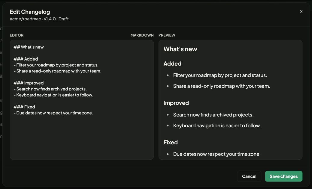 Draft changelog editor with Markdown and a live preview