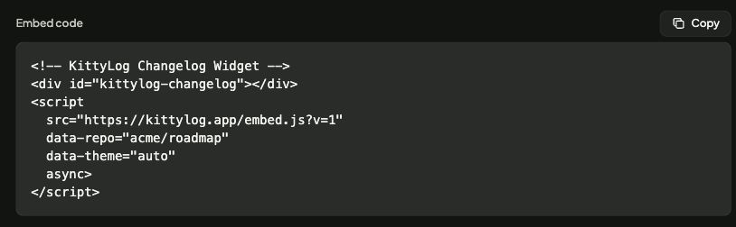 Embed code with the repository name, automatic theme setting, and Copy button