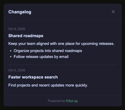 Open changelog widget showing two example updates and a KittyLog footer