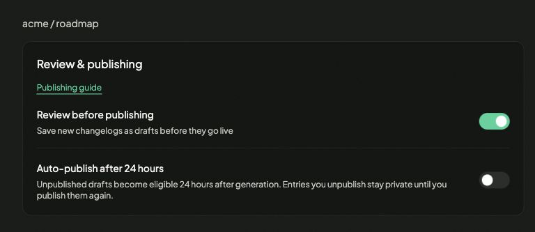 Review before publishing enabled with the 24-hour auto-publish option disabled