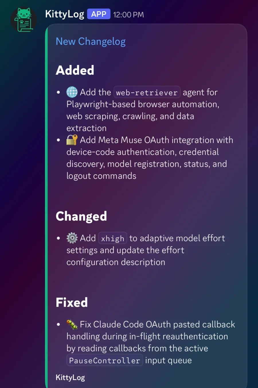 A KittyLog changelog notification posted in Code Puppy's Discord channel